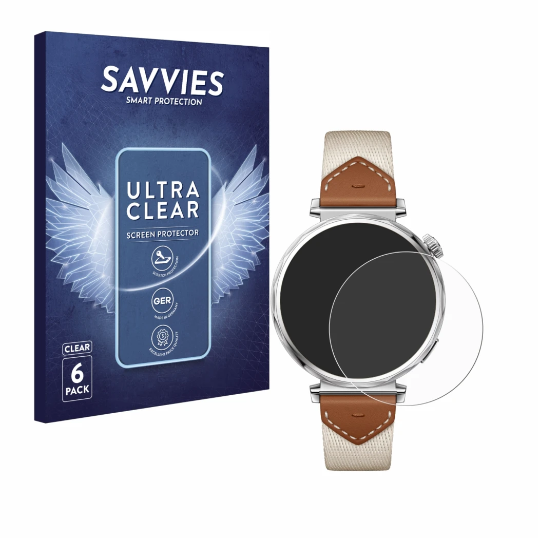 Vorderseite einer Produktverpackung mit dem Markenlogo Savvies. Daneben ist das Gerät Huawei Watch GT 5 (41 mm) mit dem zugehö