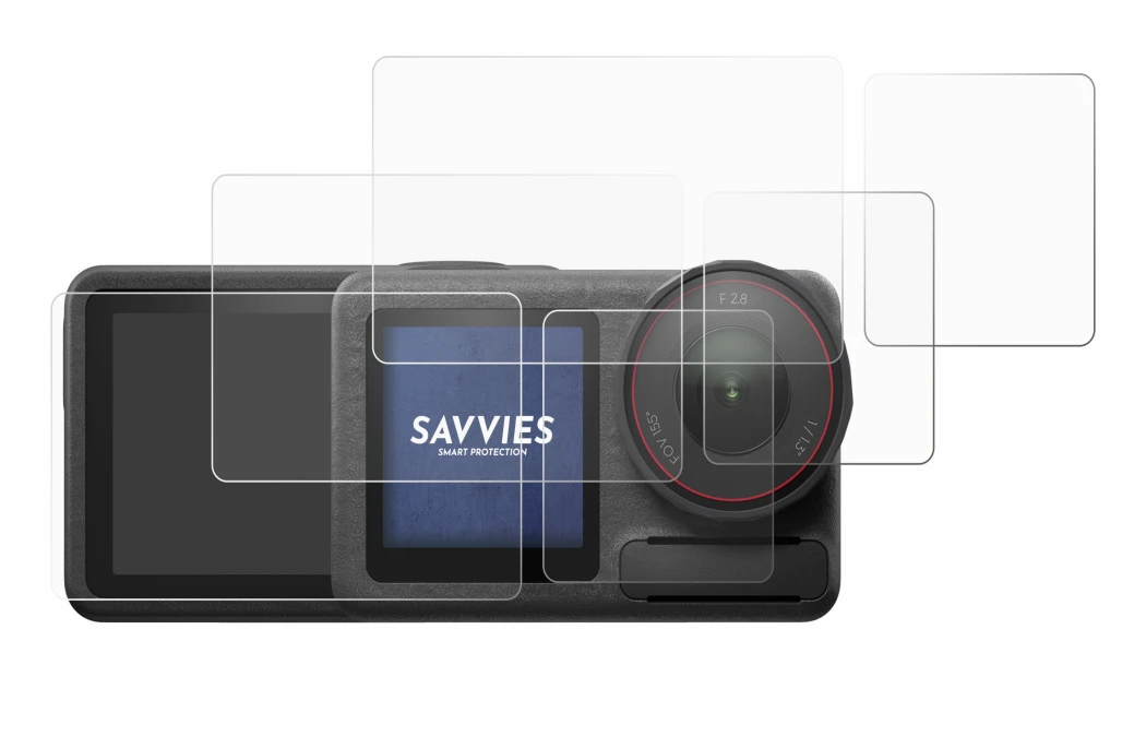 Abbildung des Geräts DJI Osmo Action 5 Pro mit einer Vielzahl des Displayschutzes.