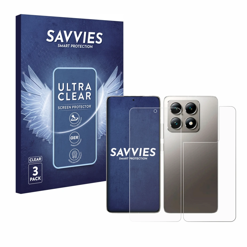 Vorderseite einer Produktverpackung mit dem Markenlogo Savvies. Daneben ist das Gerät Xiaomi 14T (Display+Rückseite) mit dem z