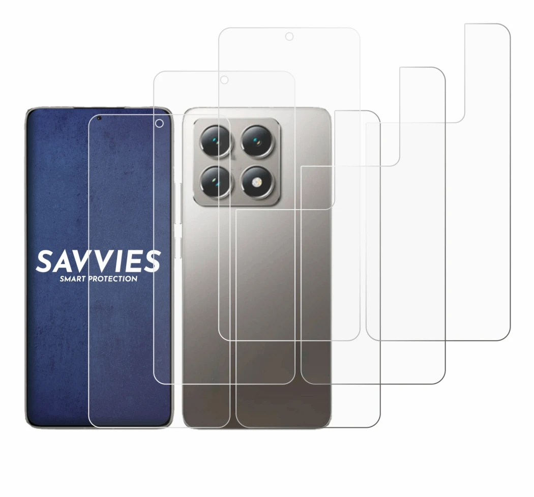 Abbildung des Geräts Xiaomi 14T (Display+Rückseite) mit einer Vielzahl des Displayschutzes.