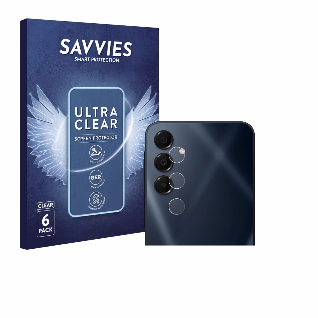 Vorderseite einer Produktverpackung mit dem Markenlogo Savvies. Daneben ist das Gerät Samsung Galaxy A16 5G (NUR Kameraschutz)