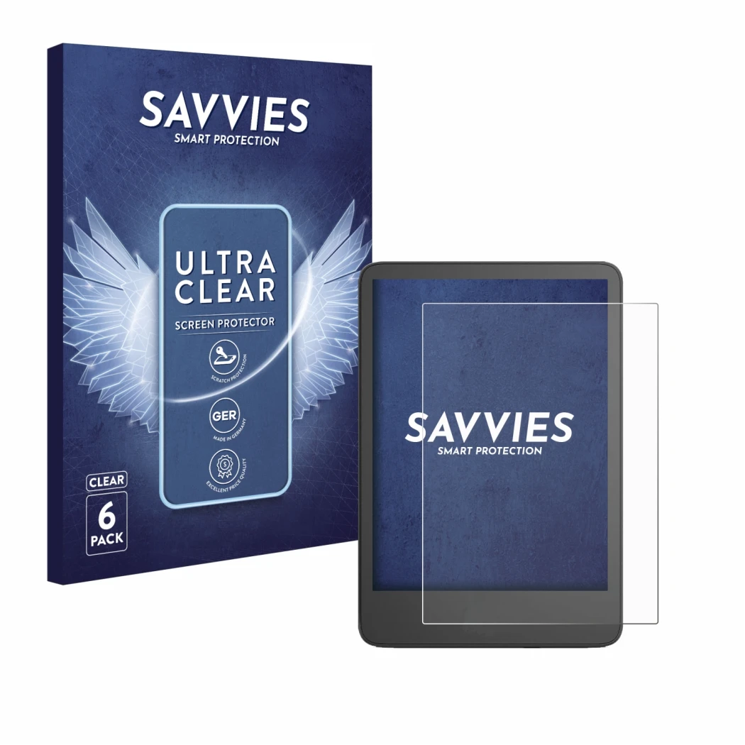 Vorderseite einer Produktverpackung mit dem Markenlogo Savvies. Daneben ist das Gerät Amazon Kindle 2024 mit dem zugehörigen D
