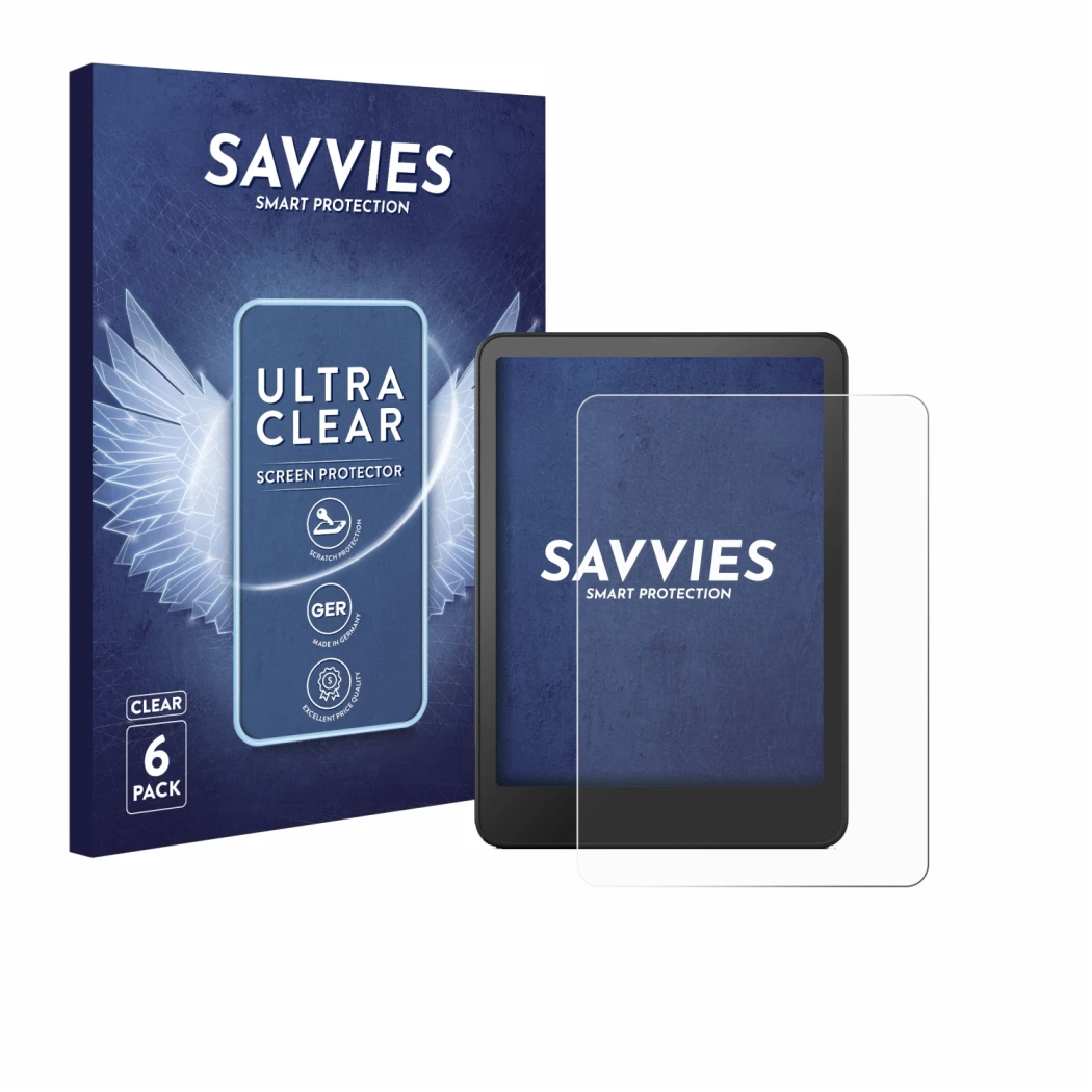 Vorderseite einer Produktverpackung mit dem Markenlogo Savvies. Daneben ist das Gerät Amazon Kindle Colorsoft Signature Editio