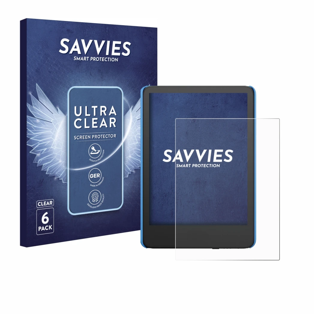 Vorderseite einer Produktverpackung mit dem Markenlogo Savvies. Daneben ist das Gerät Amazon Kindle Kids (2024) mit dem zugehö