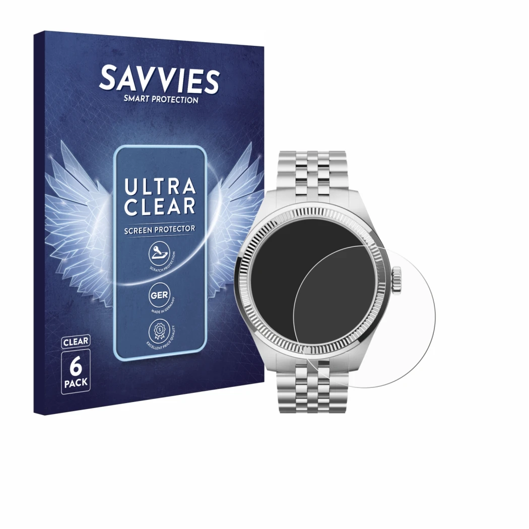 Vorderseite einer Produktverpackung mit dem Markenlogo Savvies. Daneben ist das Gerät Withings ScanWatch Nova Brilliant (39 mm