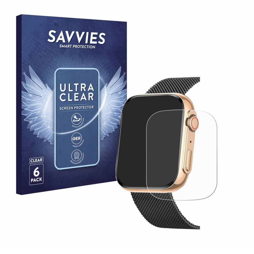 Vorderseite einer Produktverpackung mit dem Markenlogo Savvies. Daneben ist das Gerät Powerwill Smartwatch 1.91