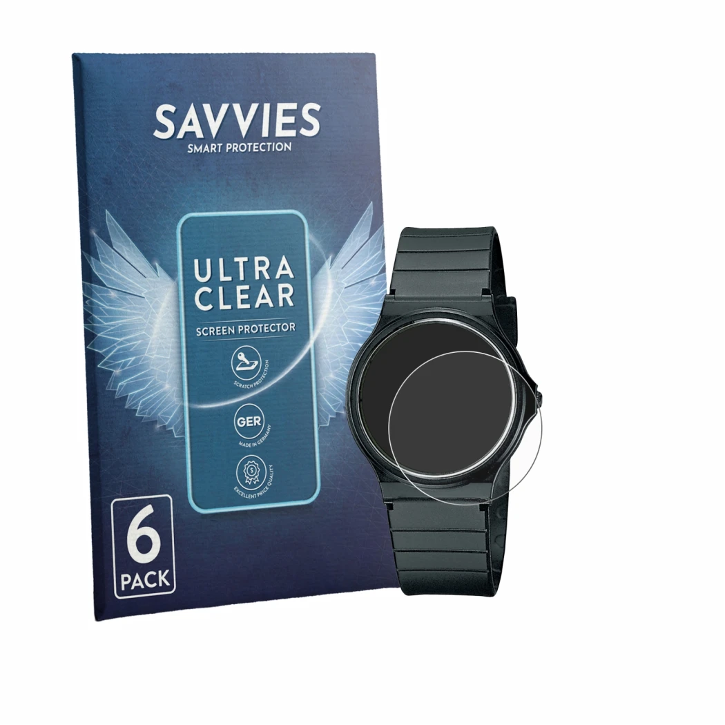 Vorderseite einer Produktverpackung mit dem Markenlogo Savvies. Daneben ist das Gerät Casio Collection MQ-24 mit dem zugehörig