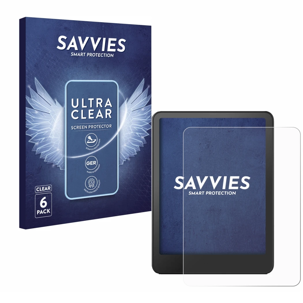 Vorderseite einer Produktverpackung mit dem Markenlogo Savvies. Daneben ist das Gerät Amazon Kindle Paperwhite 2024 (12. Gen.)