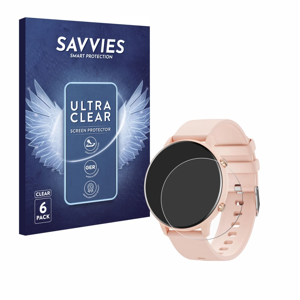 Vorderseite einer Produktverpackung mit dem Markenlogo Savvies. Daneben ist das Gerät Hwagol Smartwatch G25 1.39