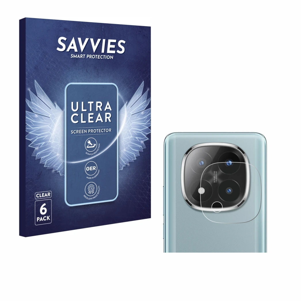 Vorderseite einer Produktverpackung mit dem Markenlogo Savvies. Daneben ist das Gerät Xiaomi Redmi Note 14 Pro Plus (NUR Kamer