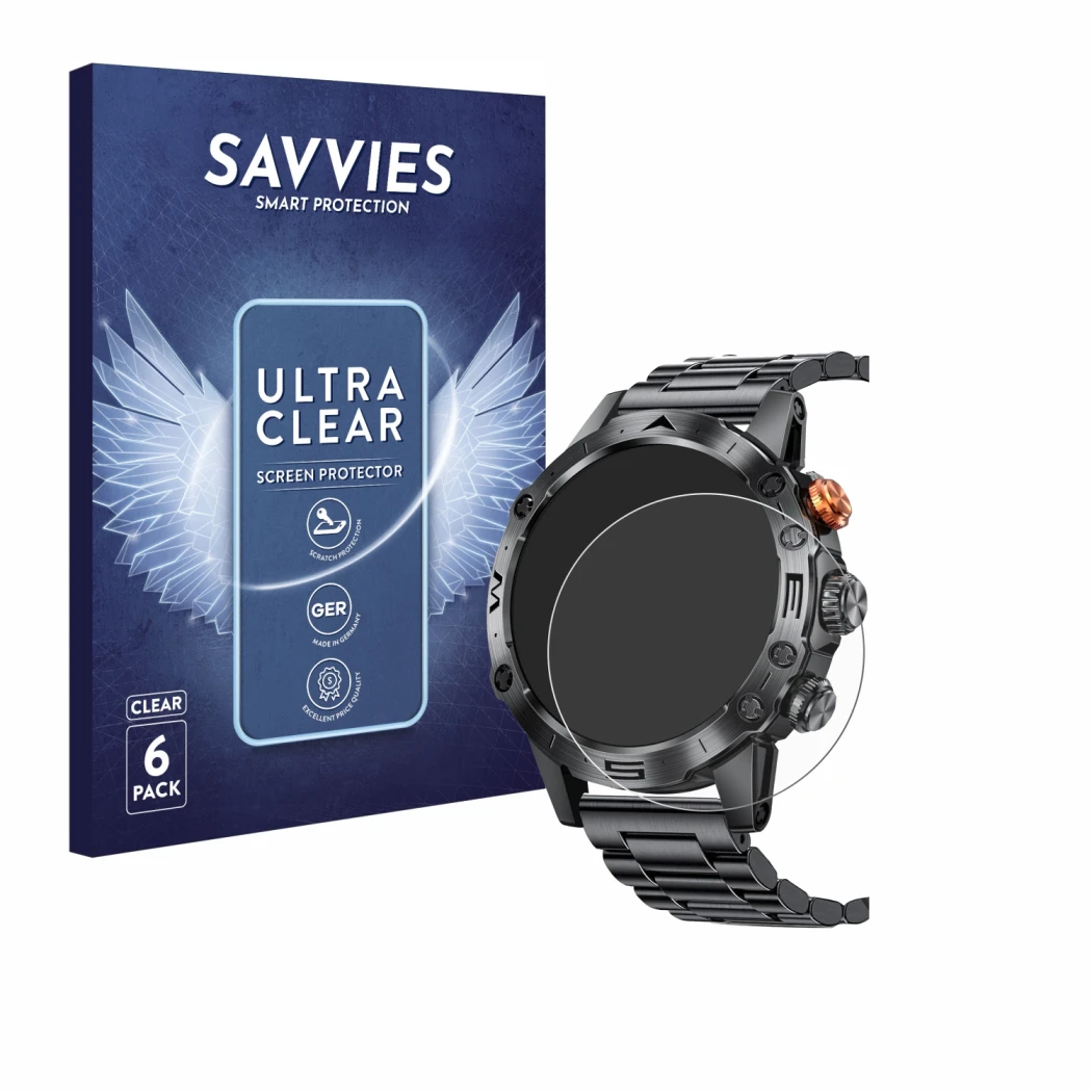 Vorderseite einer Produktverpackung mit dem Markenlogo Savvies. Daneben ist das Gerät DekeFit MT43PRO 1.53
