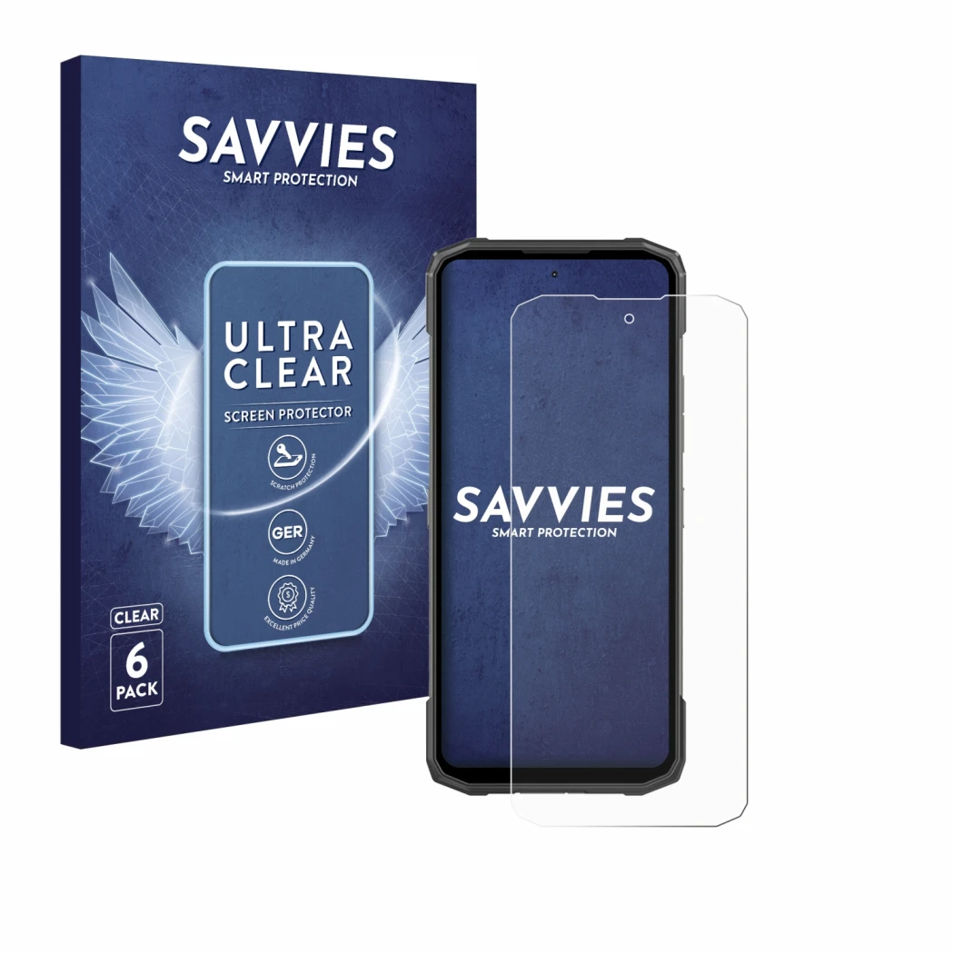 Vorderseite einer Produktverpackung mit dem Markenlogo Savvies. Daneben ist das Gerät Doogee Blade 10 Power mit dem zugehörige