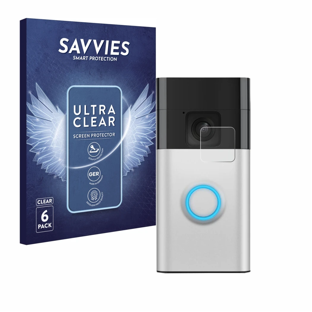 Vorderseite einer Produktverpackung mit dem Markenlogo Savvies. Daneben ist das Gerät Ring Battery Video Doorbell mit dem zuge