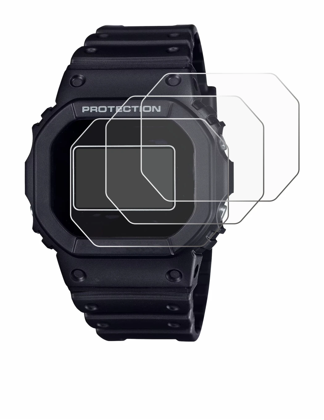 Abbildung des Geräts Casio G-Shock DW-5600RL-1 mit einer Vielzahl des Displayschutzes.