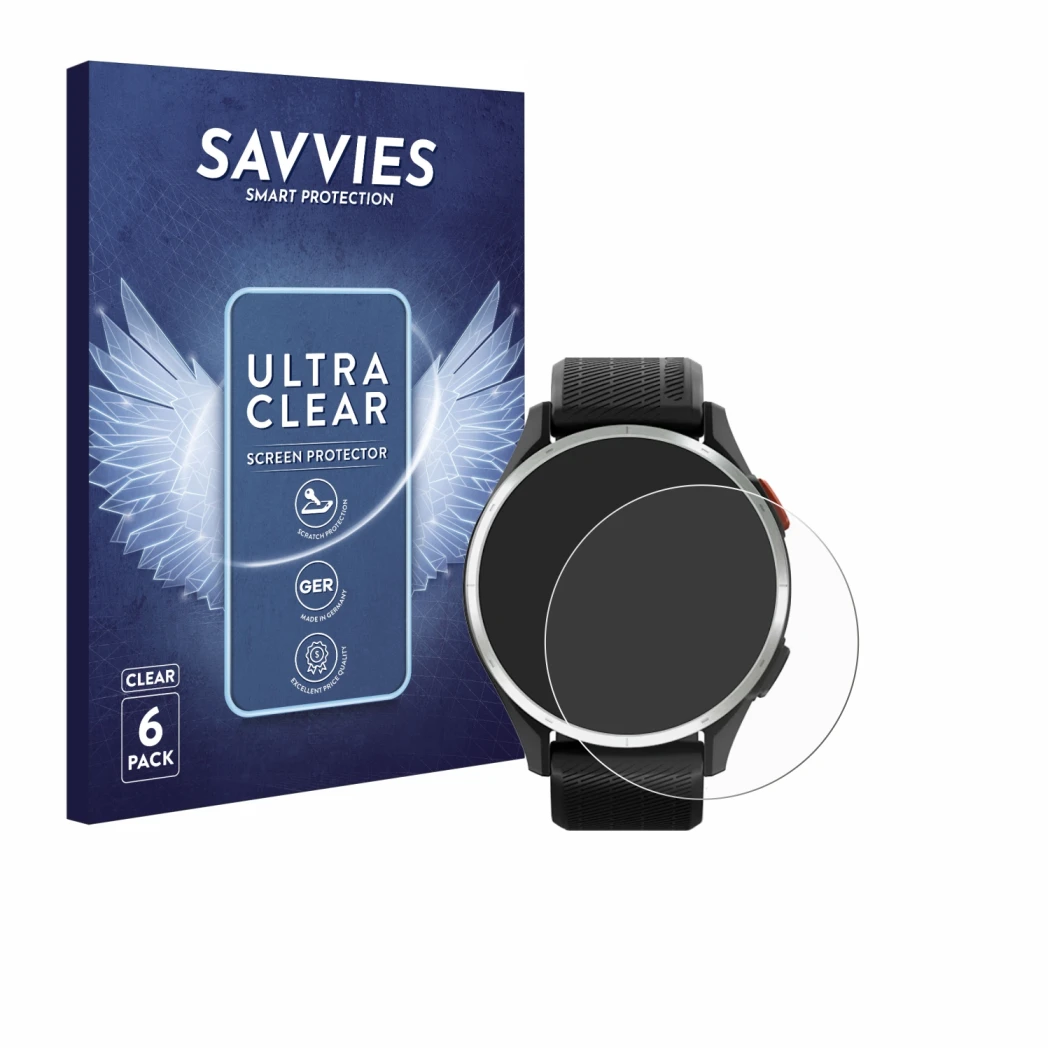 Vorderseite einer Produktverpackung mit dem Markenlogo Savvies. Daneben ist das Gerät Garmin Approach S44 mit dem zugehörigen 