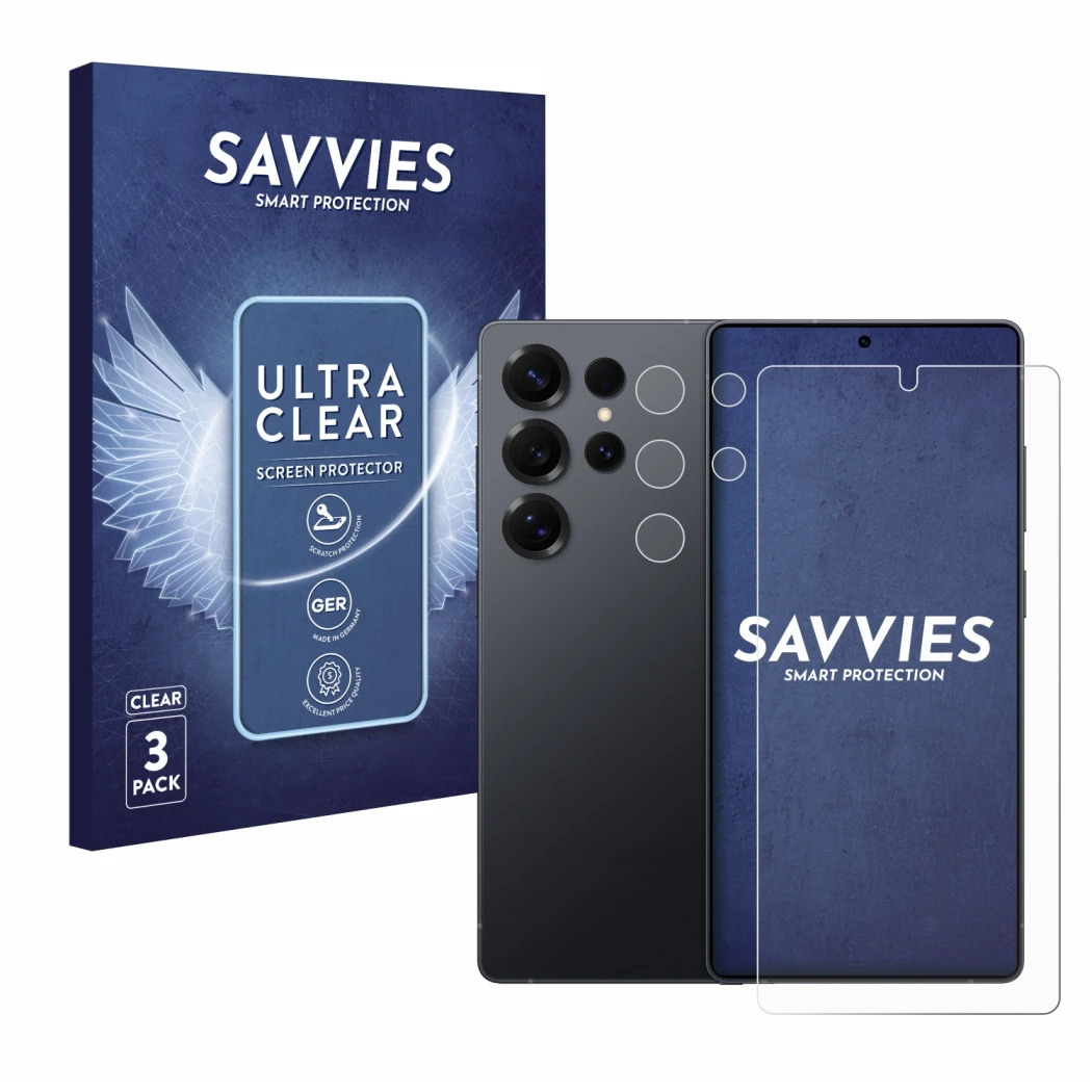 Vorderseite einer Produktverpackung mit dem Markenlogo Savvies. Daneben ist das Gerät Samsung Galaxy S25 Ultra Enterprise Edit