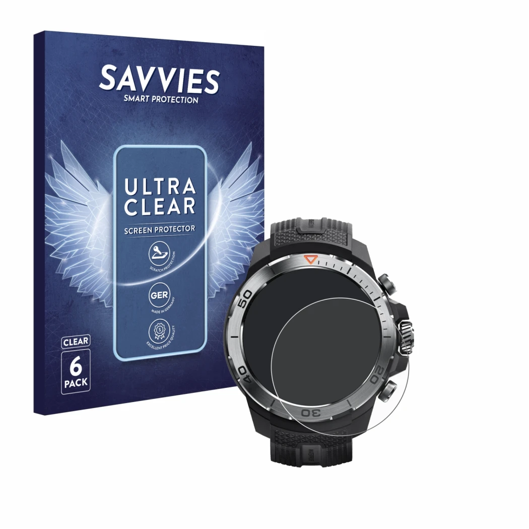 Vorderseite einer Produktverpackung mit dem Markenlogo Savvies. Daneben ist das Gerät Xiaomi Mibro GS Explorer mit dem zugehör