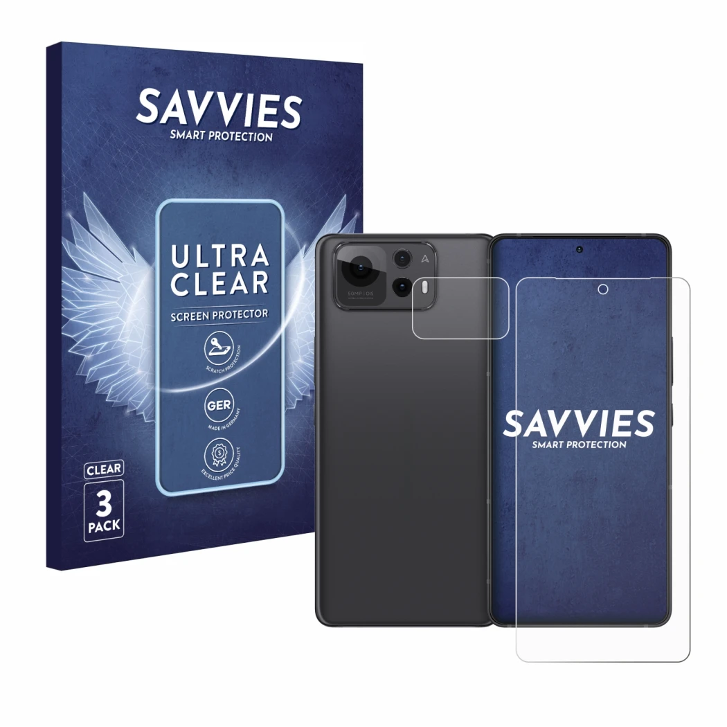 Vorderseite einer Produktverpackung mit dem Markenlogo Savvies. Daneben ist das Gerät ASUS ZenFone 12 Ultra (Display+Kamera) m