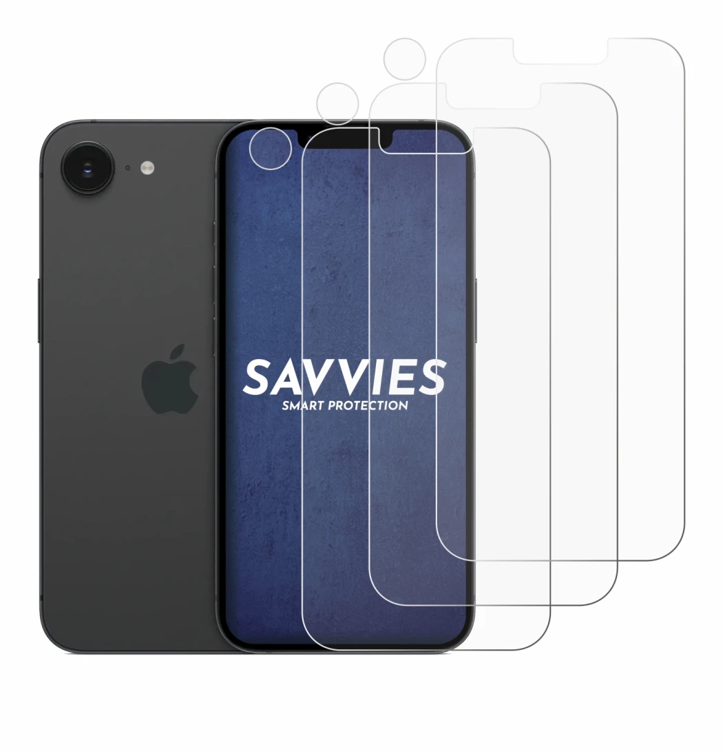Abbildung des Geräts Apple iPhone 16e (Display+Kamera) mit einer Vielzahl des Displayschutzes.
