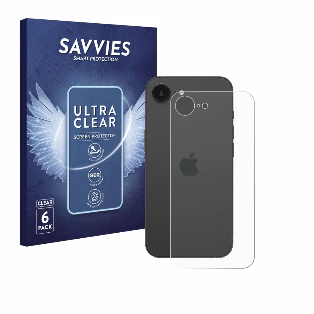Vorderseite einer Produktverpackung mit dem Markenlogo Savvies. Daneben ist das Gerät Apple iPhone 16e (Rückseite) mit dem zug