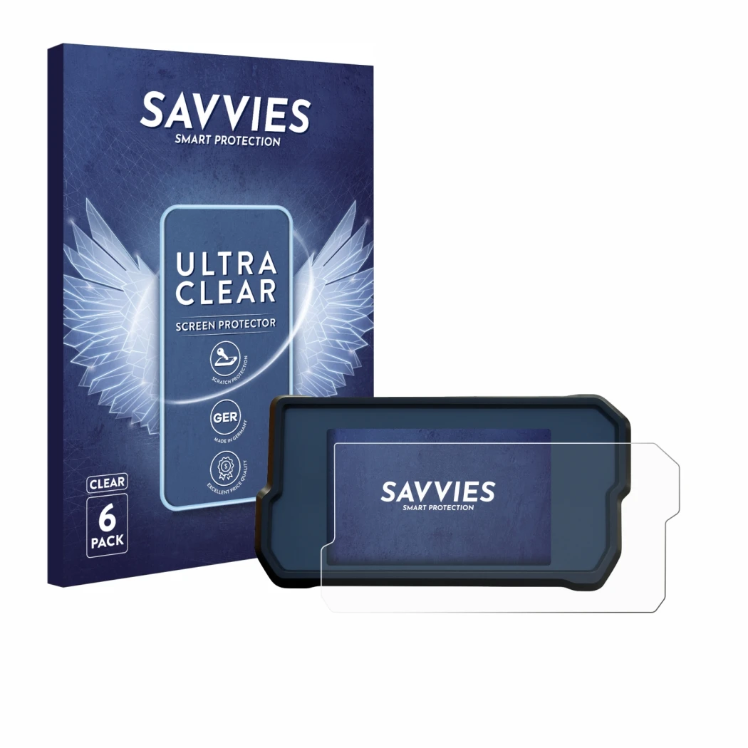 Vorderseite einer Produktverpackung mit dem Markenlogo Savvies. Daneben ist das Gerät KTM RC125 / RC390 2022+ mit dem zugehöri