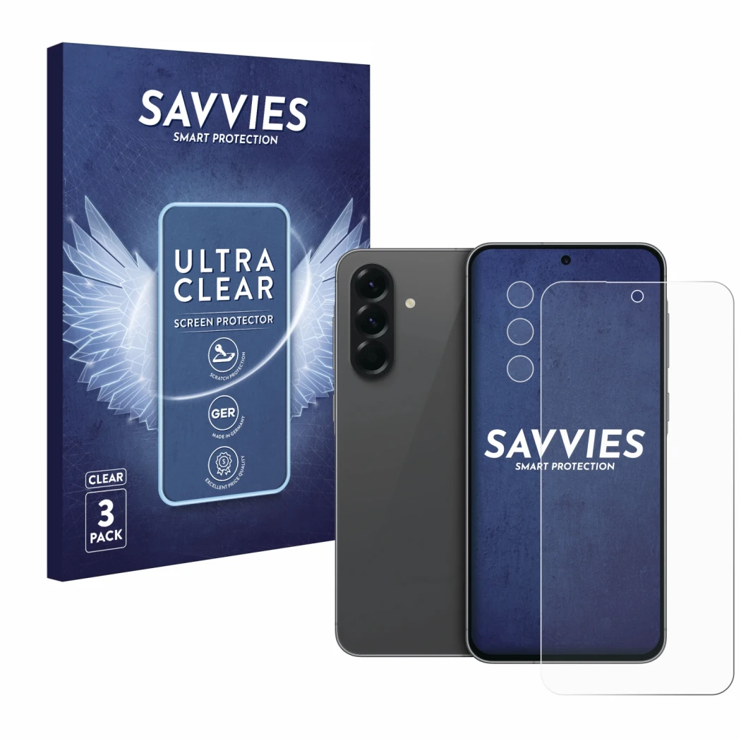 Vorderseite einer Produktverpackung mit dem Markenlogo Savvies. Daneben ist das Gerät Samsung Galaxy A56 5G (Display+Kamera) m