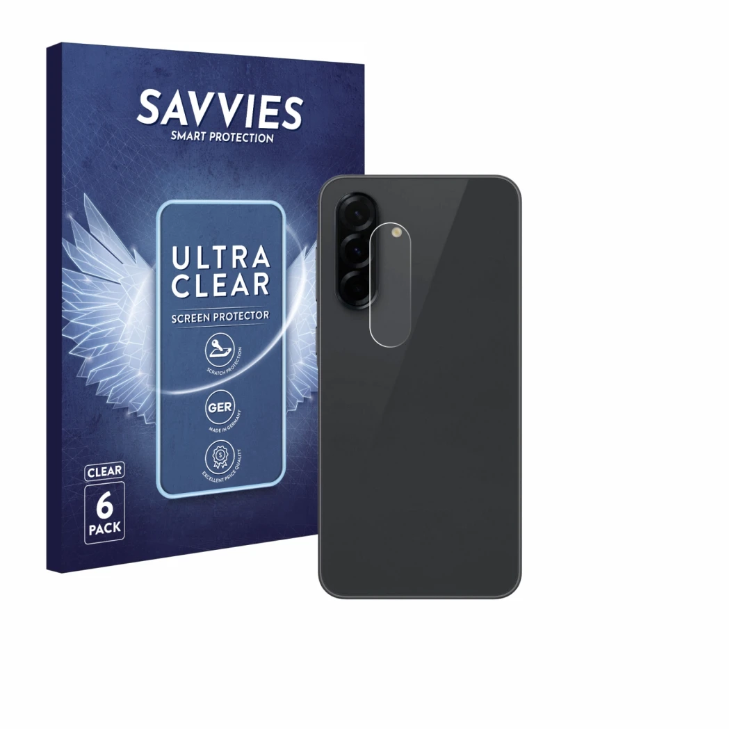 Vorderseite einer Produktverpackung mit dem Markenlogo Savvies. Daneben ist das Gerät Samsung Galaxy A36 5G (NUR Kameraschutz)