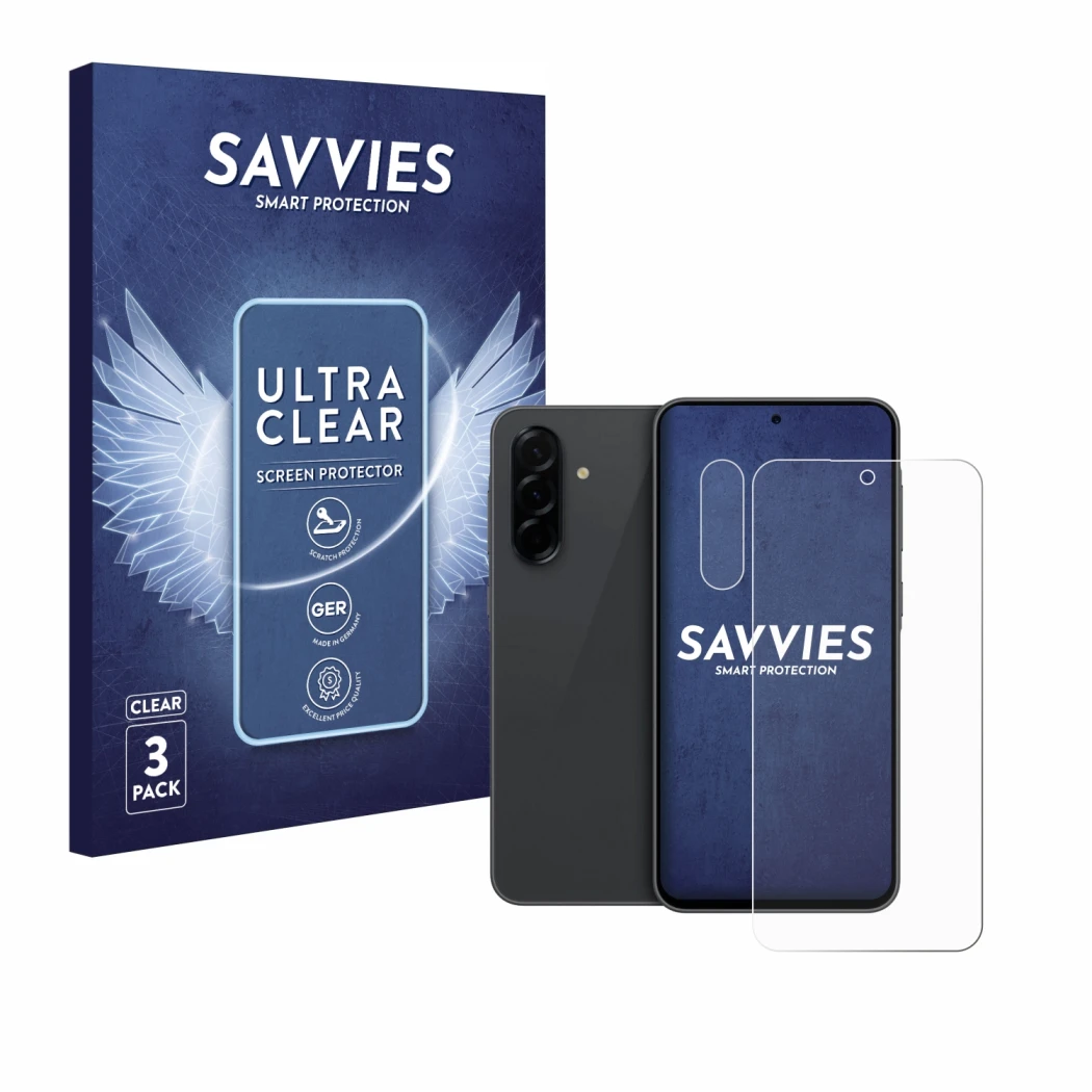 Vorderseite einer Produktverpackung mit dem Markenlogo Savvies. Daneben ist das Gerät Samsung Galaxy A36 5G (Display+Kamera) m