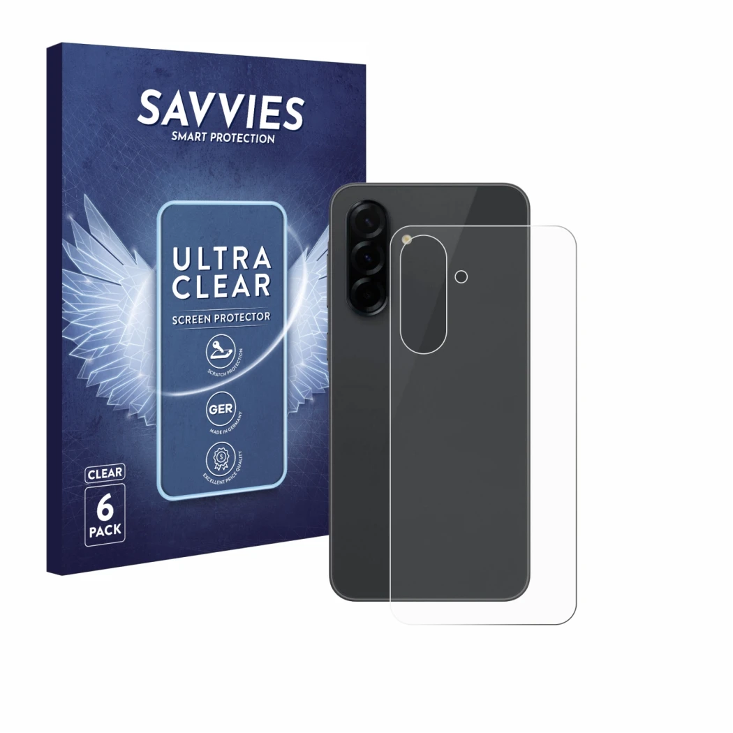 Vorderseite einer Produktverpackung mit dem Markenlogo Savvies. Daneben ist das Gerät Samsung Galaxy A36 5G (Rückseite) mit de