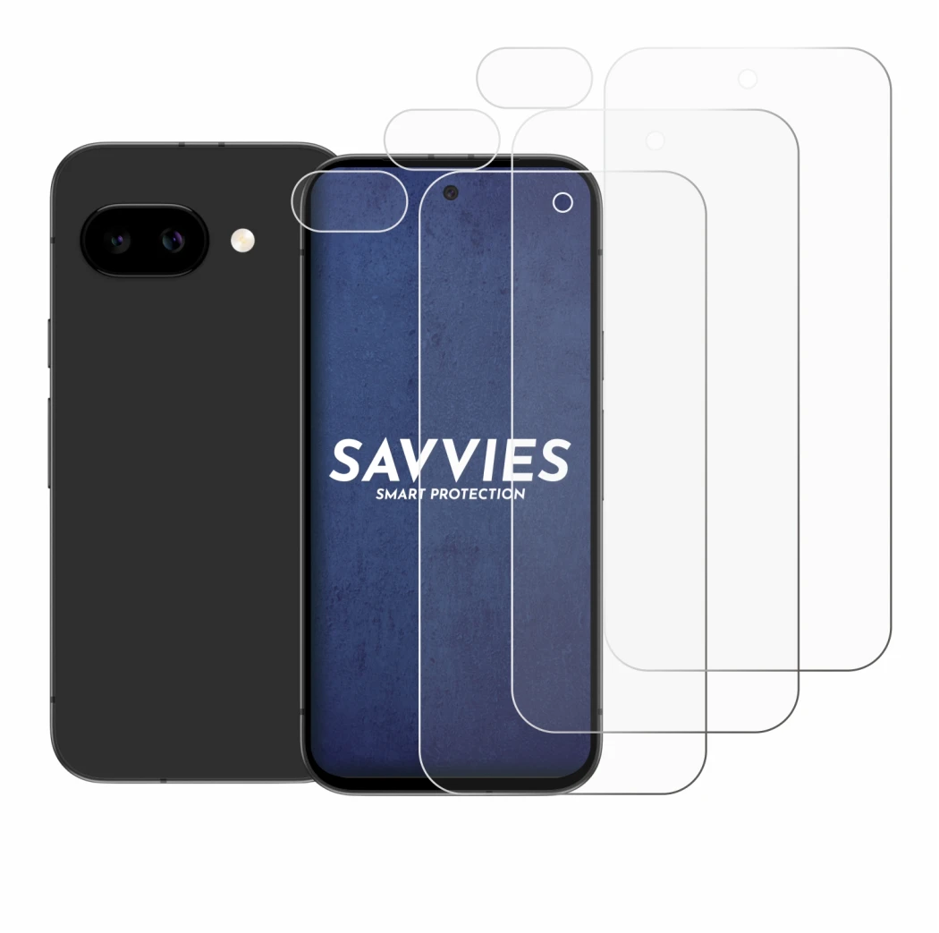 Abbildung des Geräts Google Pixel 9a (Display+Kamera) mit einer Vielzahl des Displayschutzes.