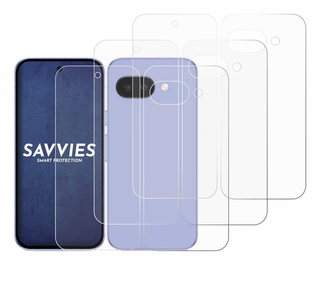 Abbildung des Geräts Google Pixel 9a (Display+Rückseite) mit einer Vielzahl des Displayschutzes.