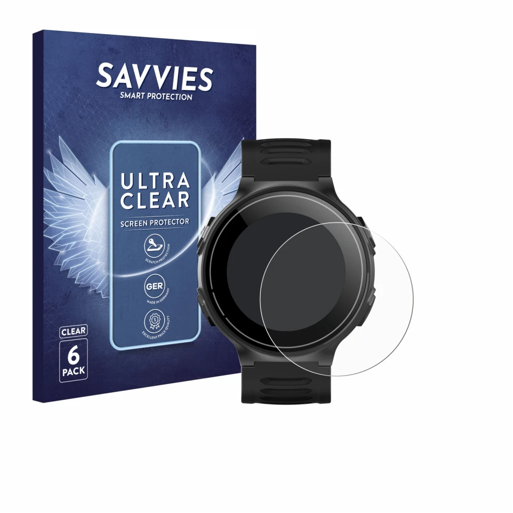 Vorderseite einer Produktverpackung mit dem Markenlogo Savvies. Daneben ist das Gerät Kiprun GPS 500 Coros mit dem zugehörigen