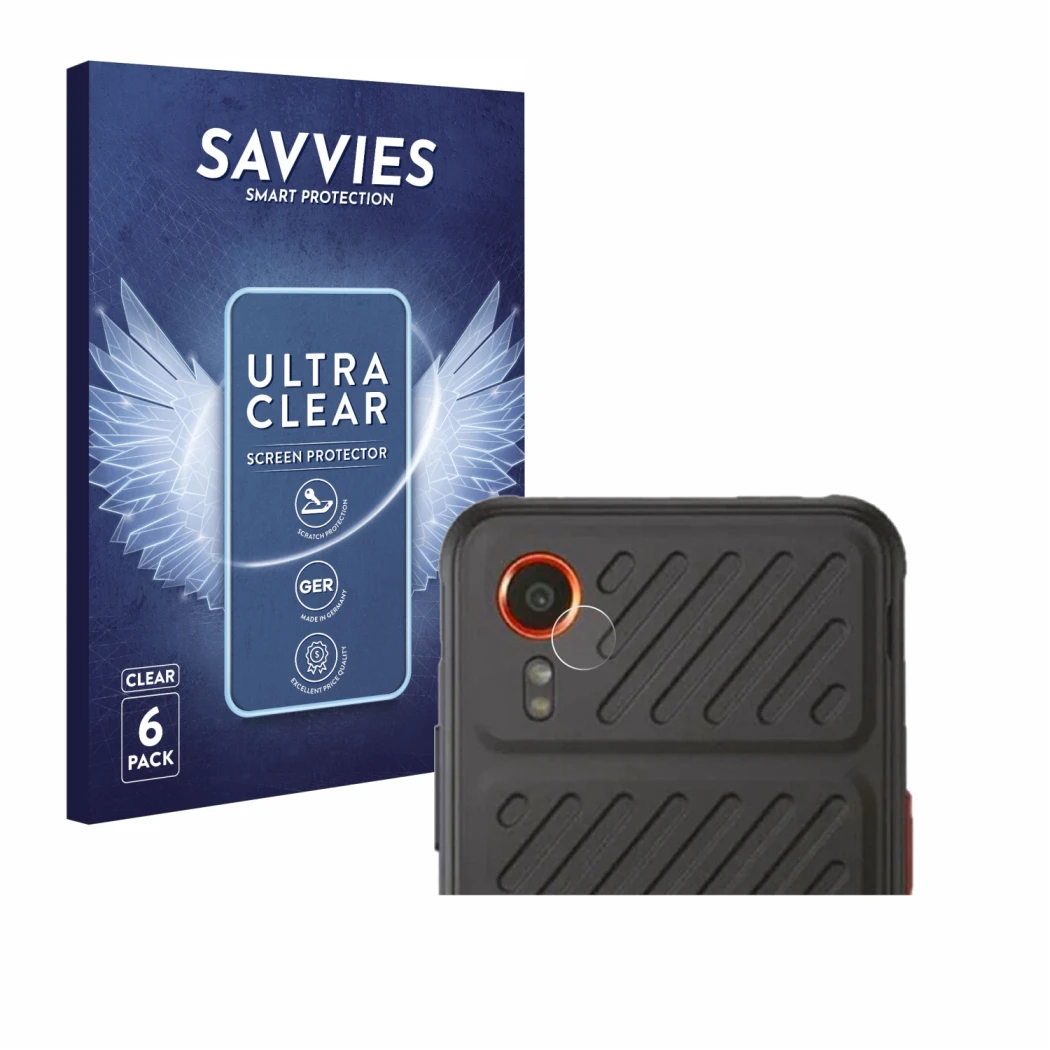 Vorderseite einer Produktverpackung mit dem Markenlogo Savvies. Daneben ist das Gerät Samsung Galaxy XCover 7 Enterprise Editi