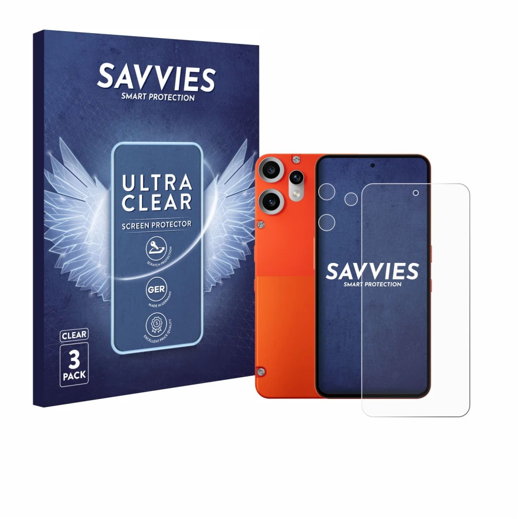 Vorderseite einer Produktverpackung mit dem Markenlogo Savvies. Daneben ist das Gerät Nothing CMF Phone 2 Pro (Display+Kamera)
