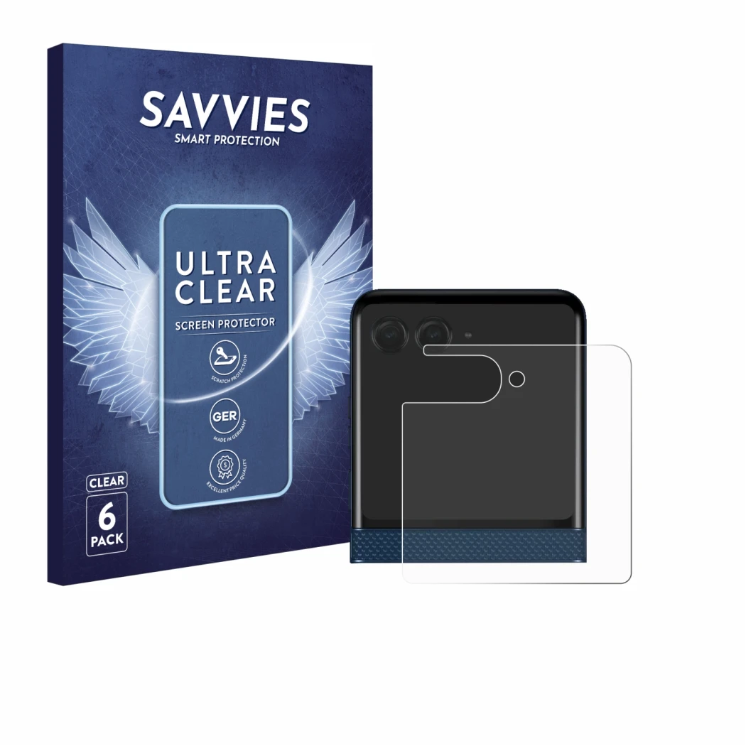 Vorderseite einer Produktverpackung mit dem Markenlogo Savvies. Daneben ist das Gerät Motorola Razr 60 (Hinteres Display) mit 