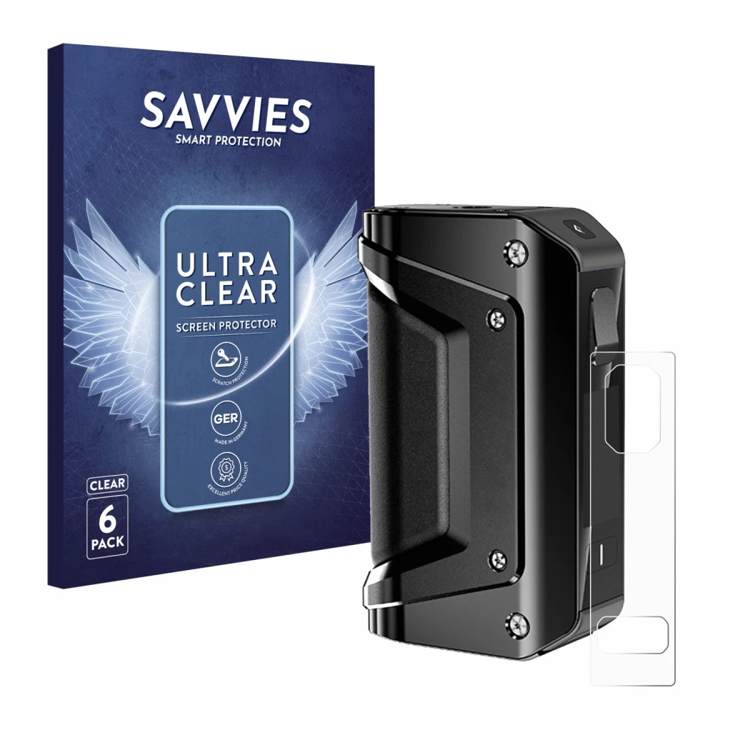 Vorderseite einer Produktverpackung mit dem Markenlogo Savvies. Daneben ist das Gerät GeekVape Aegis Legend 3 mit dem zugehöri