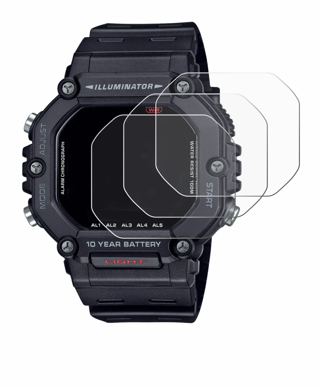 Abbildung des Geräts Casio AE-1600H mit einer Vielzahl des Displayschutzes.