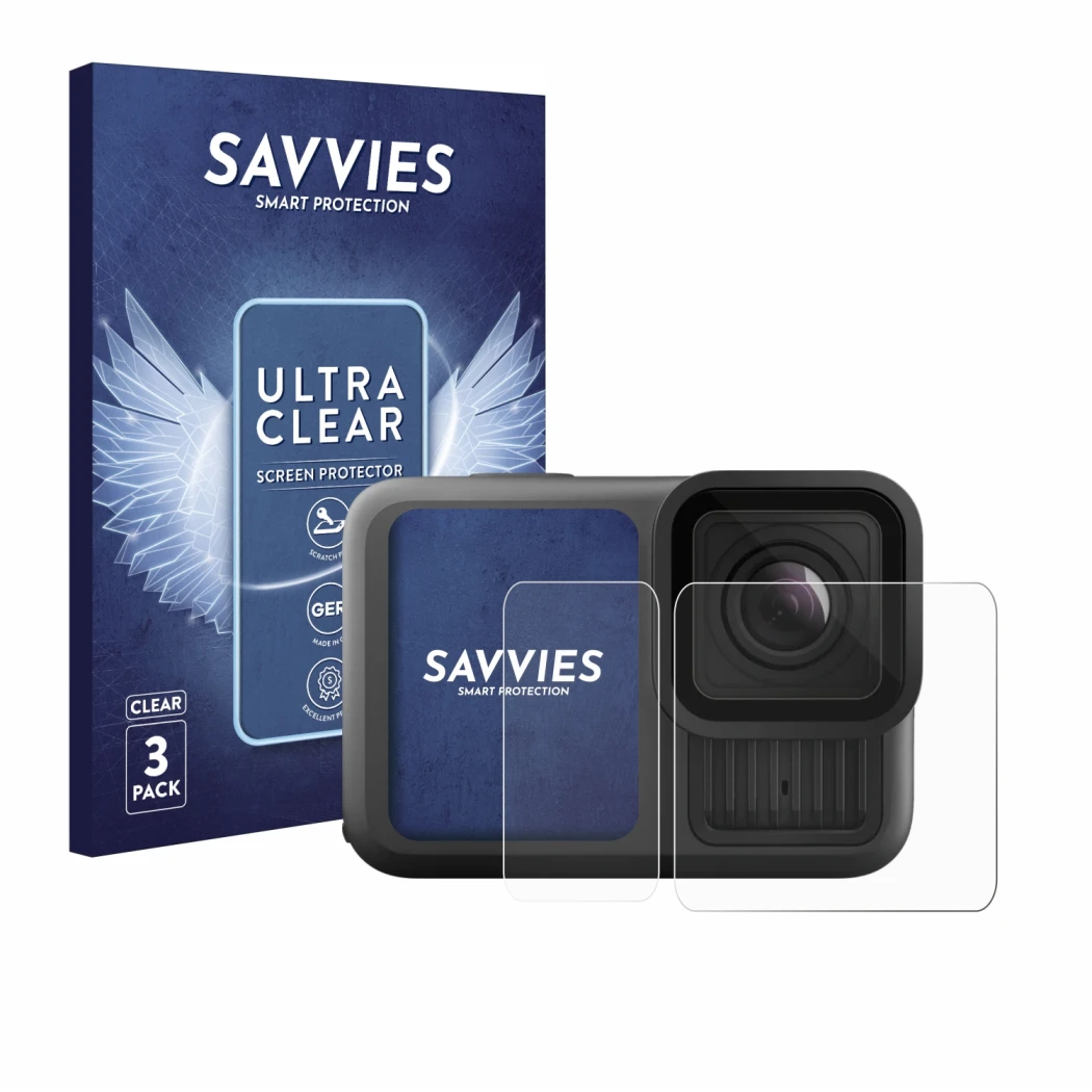 Vorderseite einer Produktverpackung mit dem Markenlogo Savvies. Daneben ist das Gerät GoPro Hero 13 Black Ultra Wide Edition m