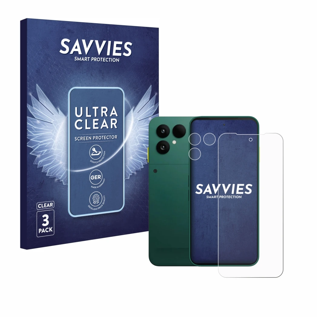 Vorderseite einer Produktverpackung mit dem Markenlogo Savvies. Daneben ist das Gerät Fairphone 6 (Display+Kamera) mit dem zug