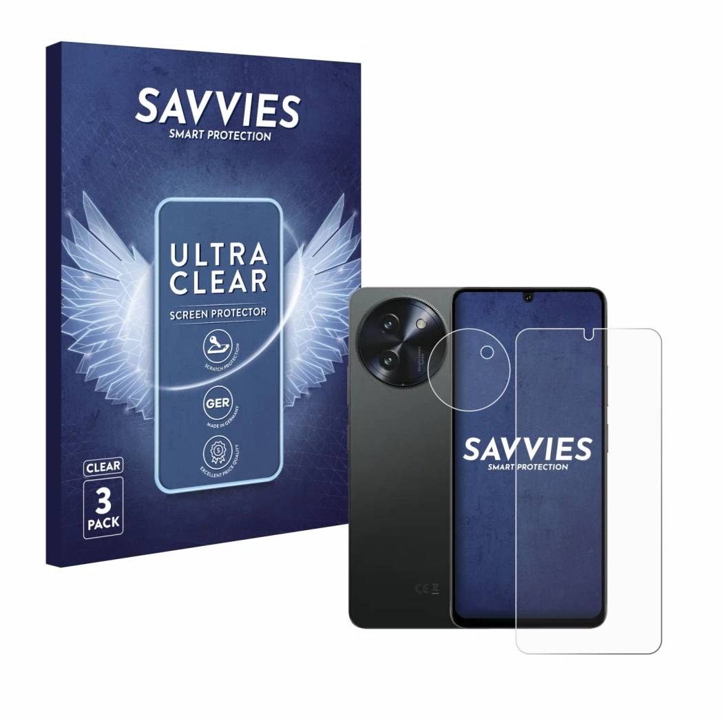 Vorderseite einer Produktverpackung mit dem Markenlogo Savvies. Daneben ist das Gerät Doogee Note 59 Pro Plus (Display+Kamera)