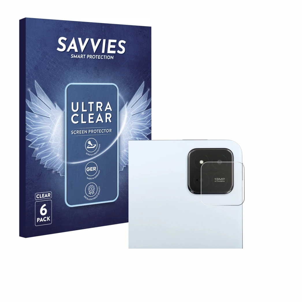Vorderseite einer Produktverpackung mit dem Markenlogo Savvies. Daneben ist das Gerät Xiaomi Pad 7 (NUR Kameraschutz) mit dem 
