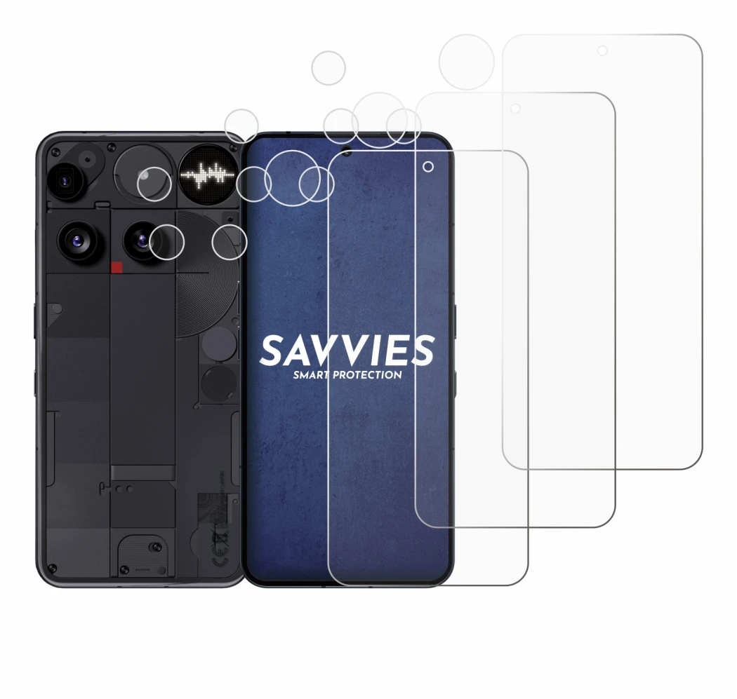 Abbildung des Geräts Nothing Phone (3) (Display+Kamera) mit einer Vielzahl des Displayschutzes.