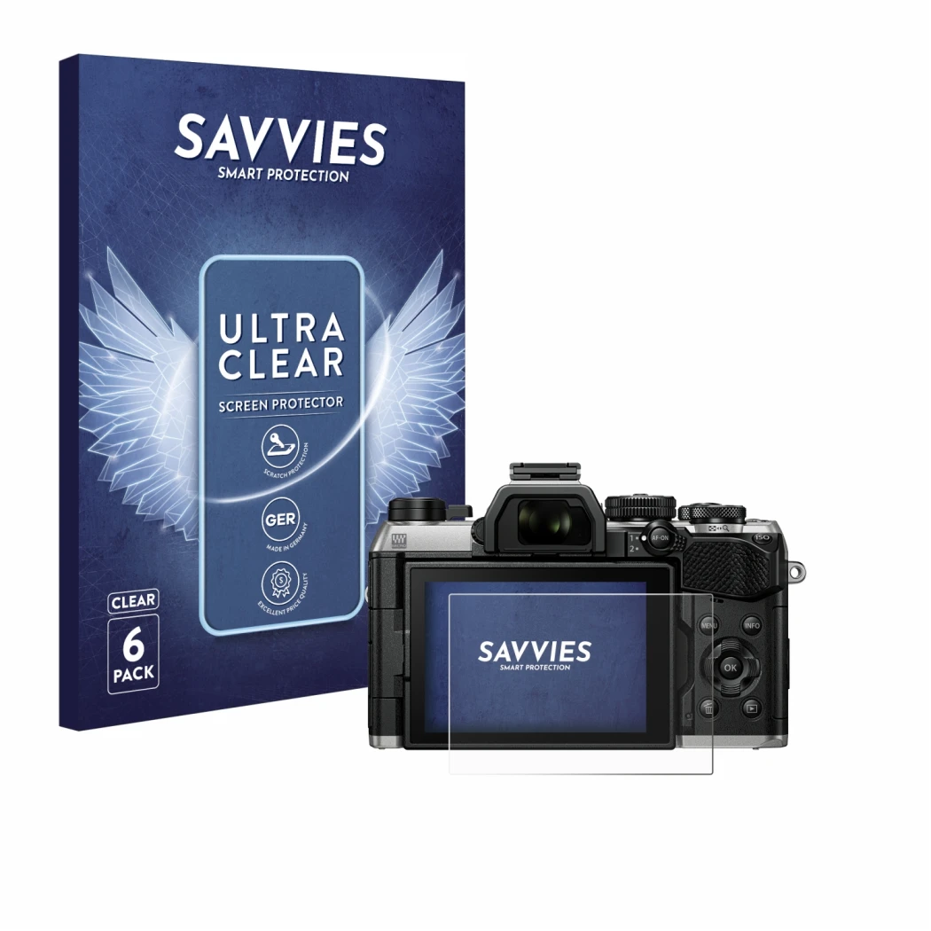 Vorderseite einer Produktverpackung mit dem Markenlogo Savvies. Daneben ist das Gerät Olympus OM System OM-5 Mark II mit dem z