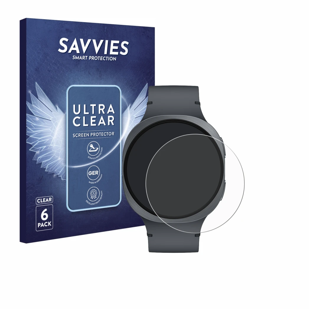 Vorderseite einer Produktverpackung mit dem Markenlogo Savvies. Daneben ist das Gerät Samsung Galaxy Watch 8 (44 mm) mit dem z