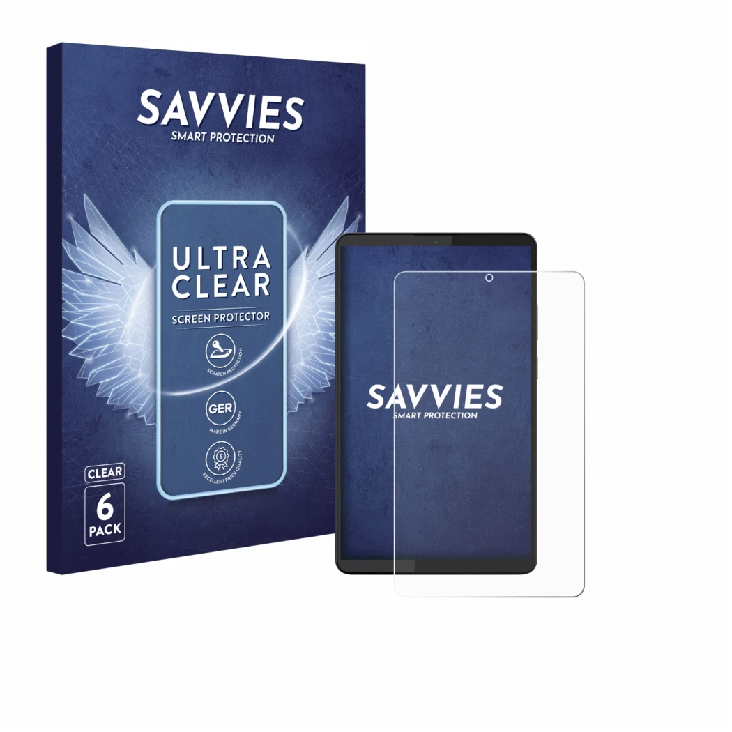 Vorderseite einer Produktverpackung mit dem Markenlogo Savvies. Daneben ist das Gerät Lenovo Tab One 8.7