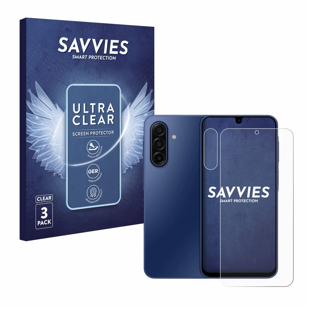 Vorderseite einer Produktverpackung mit dem Markenlogo Savvies. Daneben ist das Gerät Samsung Galaxy A17 5G (Display+Kamera) m