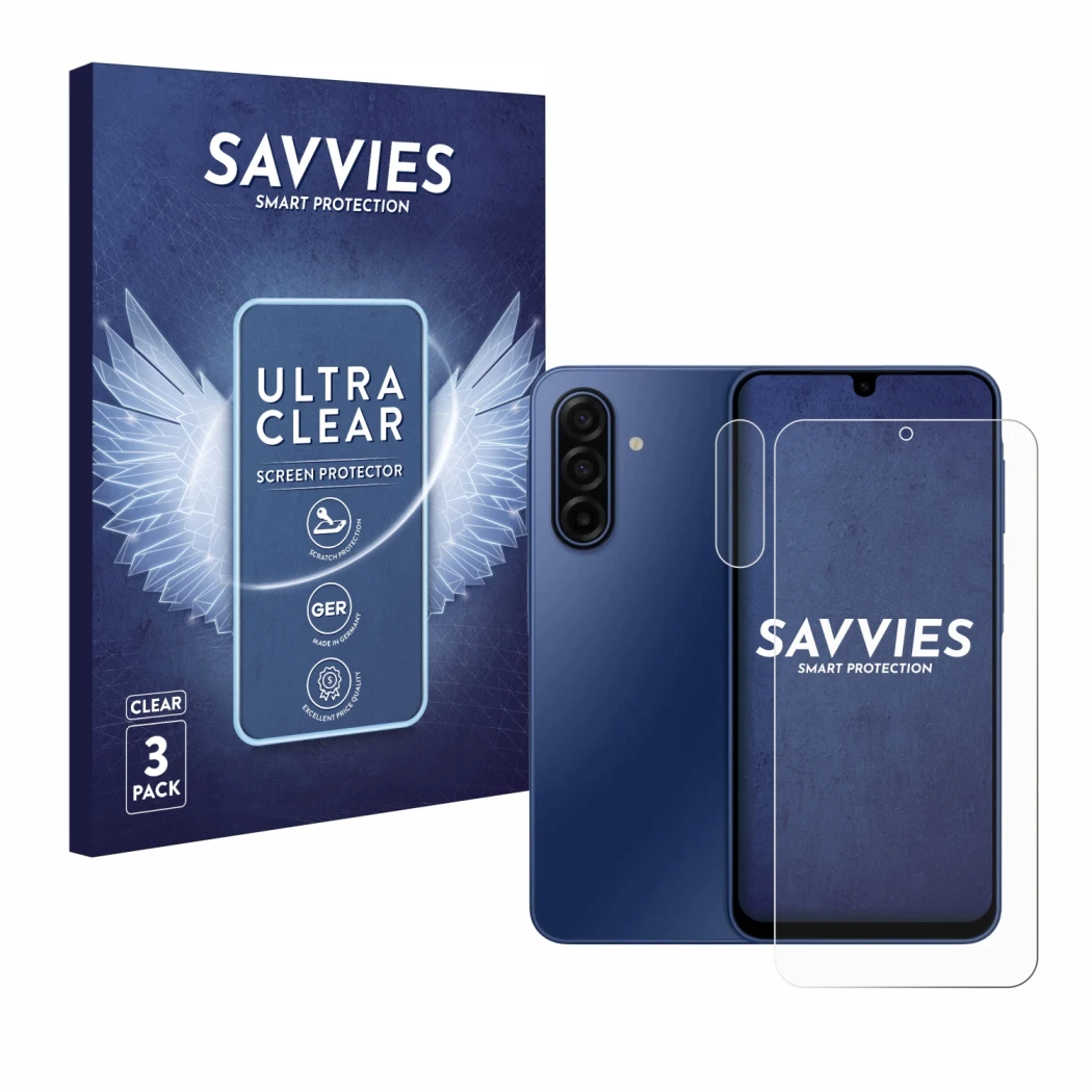 Vorderseite einer Produktverpackung mit dem Markenlogo Savvies. Daneben ist das Gerät Samsung Galaxy A17 4G (Display+Kamera) m