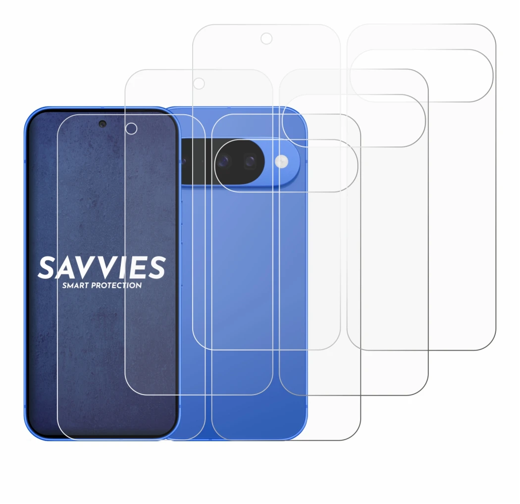 Abbildung des Geräts Google Pixel 10 (Display+Rückseite) mit einer Vielzahl des Displayschutzes.