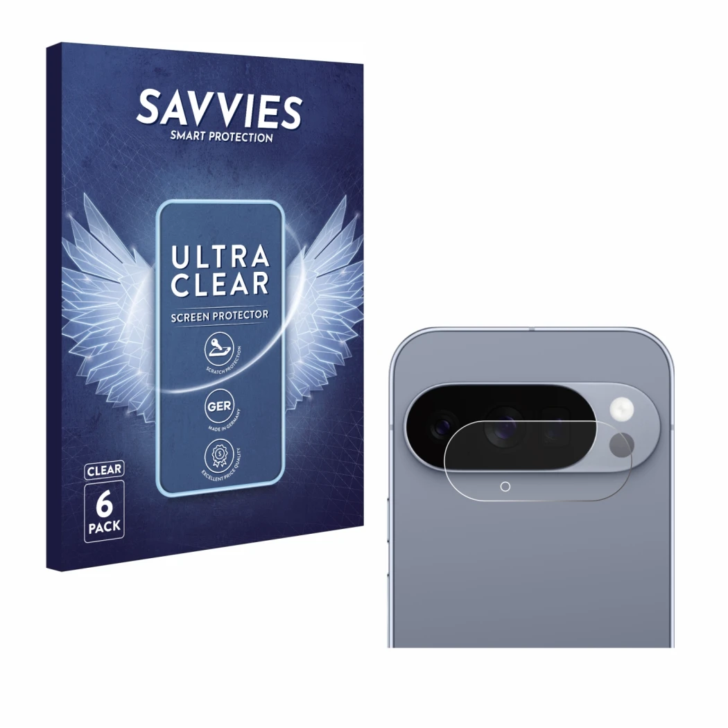 Vorderseite einer Produktverpackung mit dem Markenlogo Savvies. Daneben ist das Gerät Google Pixel 10 Pro (NUR Kameraschutz) m