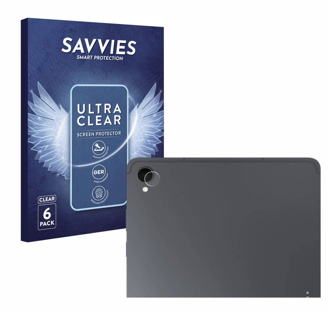 Vorderseite einer Produktverpackung mit dem Markenlogo Savvies. Daneben ist das Gerät Samsung Galaxy Tab S11 (NUR Kameraschutz